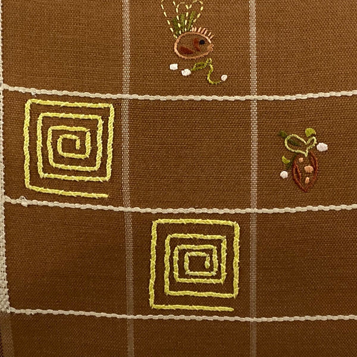 名古屋帯 美品 秀品 幾何学模様 生り物 刺繍 茶色 正絹 【中古