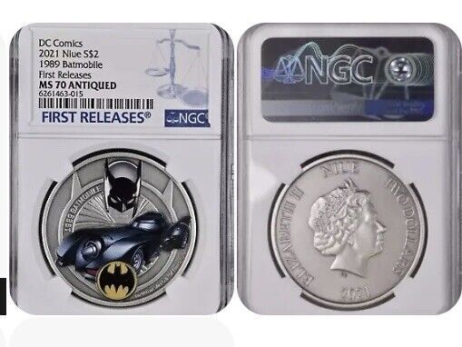 2021 Niue DC Comics 1966 Batmobile 1oz Silver Antiqued Colized Coin NGC MS70FR
