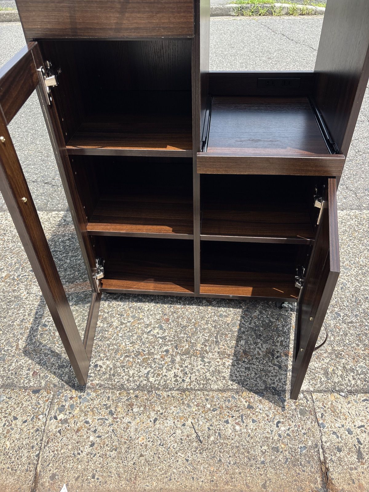 限定特価 レンジボード キッチンカウンター カップボード コンセント付き 収納 棚 食器棚 スライド棚 木製 大型レンジ対応 一人暮らし ウォルナット キャスター付き 倉庫前引き取り 価格 配送の場合は 前にご相談下さい 名古屋中川区