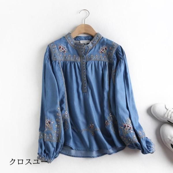 ブラウス レディース トップス チュニック 春 夏 デニム プルオーバー 花柄 刺繍 長袖 Uネック 体型カバー 大きいサイズ 薄手 40代　 ブラウス レディース トップス チュニック 春 夏 デニム プル