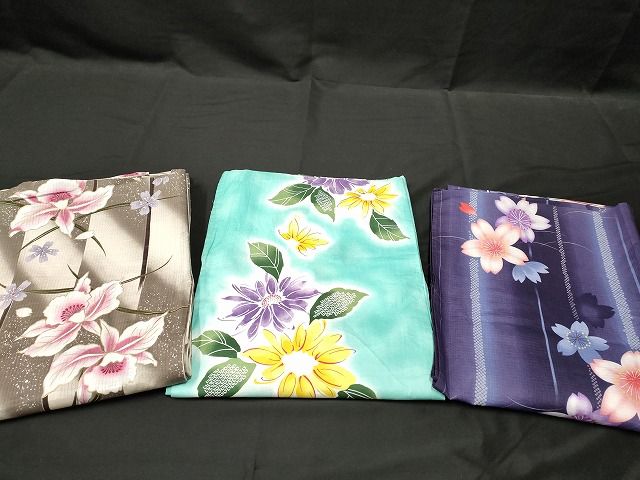 平和屋本店□浴衣 まとめて 3点 花柄 綿紅梅 金彩 など 着用可能