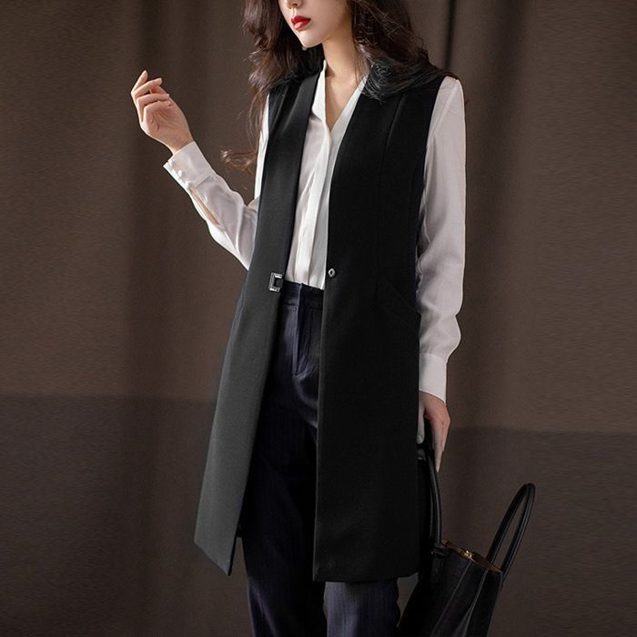 【美品】【撥水】SHE Tokyo ノースリーブロングベスト ネイビー GOLDJAPAN 大きいサイズ レディース ベスト ジレ カーディガン
