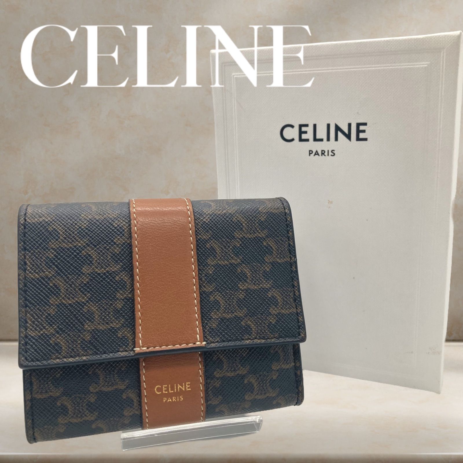 CELINE スモール トリフォールドウォレット / トリオンフキャンバス＆ラムスキン タン 3つ折り財布