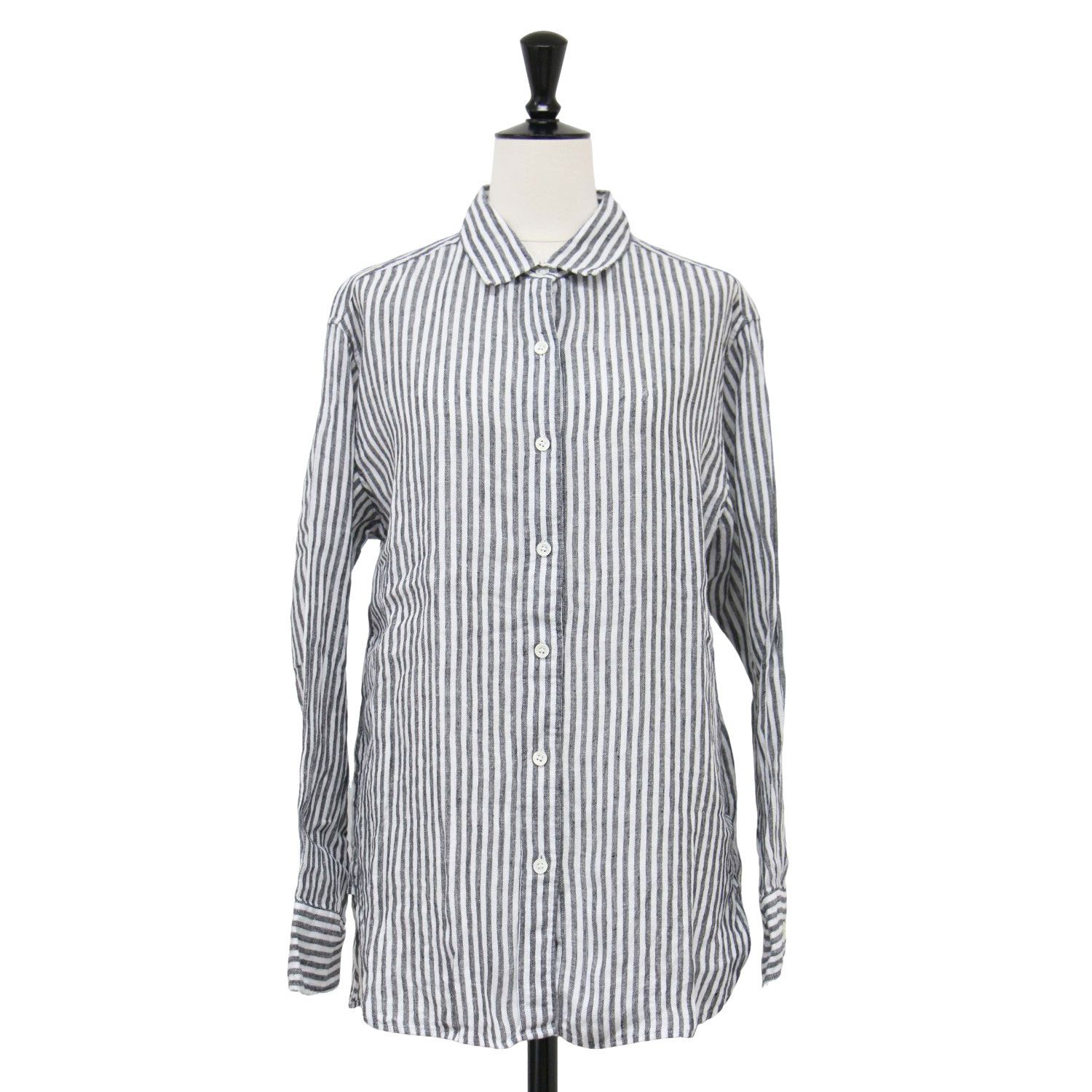 23区 ニジュウサンク シャツ ブラック ホワイト 黒白 サイズ 38 M 22春夏 ストライプ ベーシックシャツ LIBECO オーバーサイズ リネン トップス ブラウス 長袖 レディース