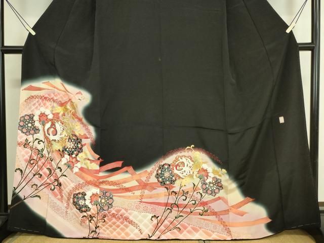 【北海道限定】テラコッタ 花柄模様　⬜︎ 約23cm角 平和屋着物□豪華黒留袖 作家物 駒刺繍 鳳凰更紗花文 暈し染め