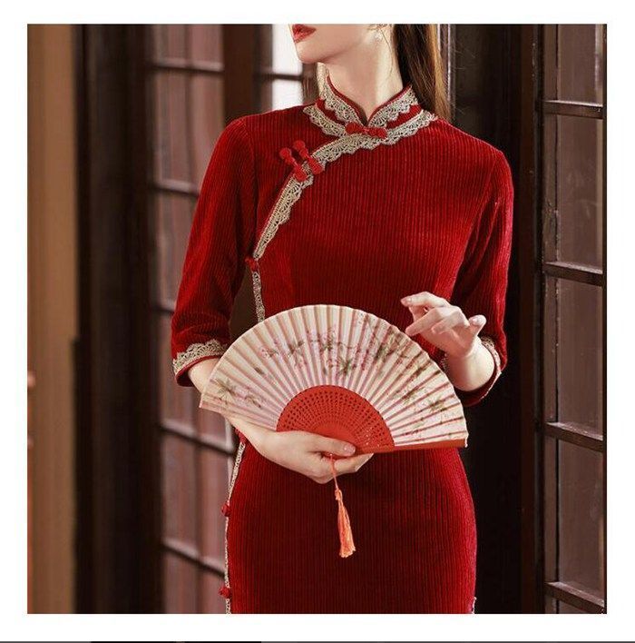 ロング チャイナドレス 秋冬向け 五分袖 厚手 チャイナ ドレス 中華ドレス レース縁取り レディース 中国風 結婚式 パーティー 二次会 シェニール織 穏やか 上品 中華服 xzxiaoyun 167