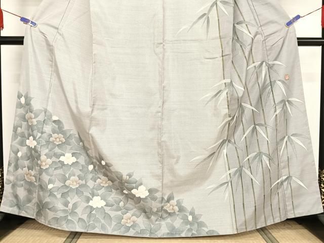 平和屋着物●本場大島紬　訪問着　手描き　白大島　笹に椿　正絹　逸品　AAAW4390np 平和屋着物○本場大島紬 訪問着 手描き 白大島 笹に椿 正絹 逸品