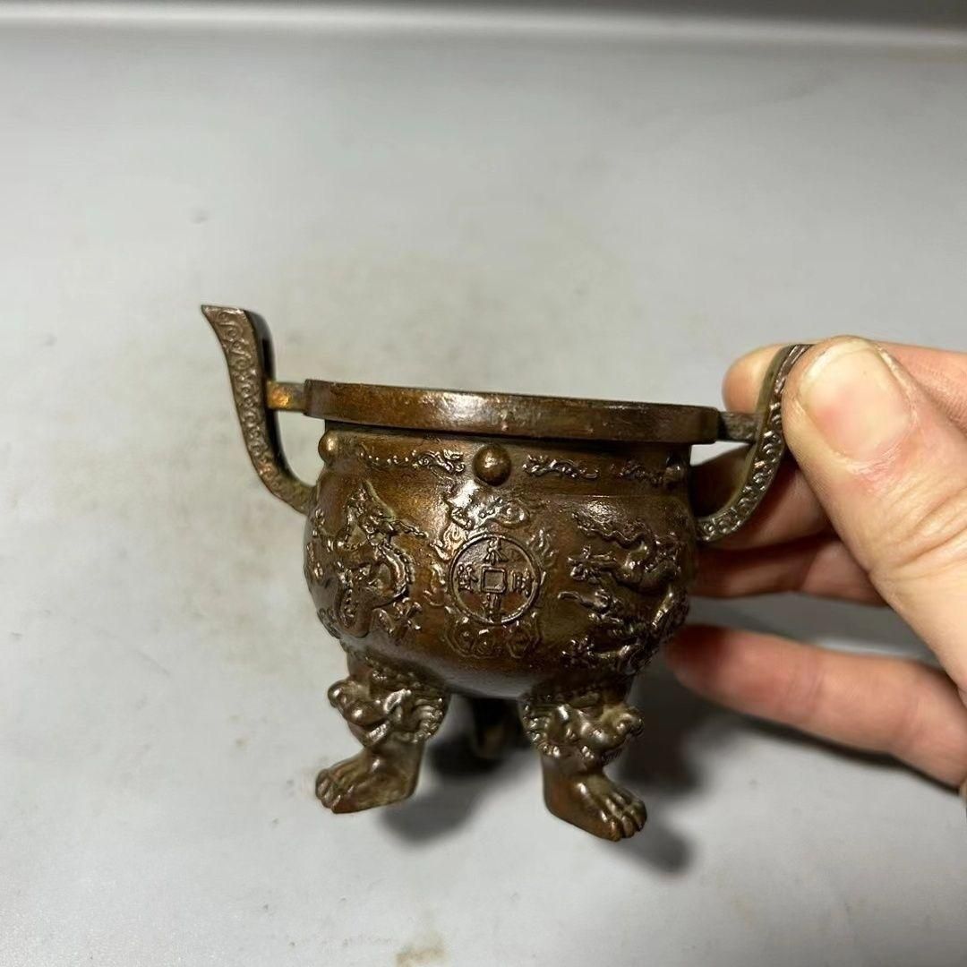 銅細工 両耳瑞獣三足置物薫炉 香道具 装飾品 工芸品 美術品 置物