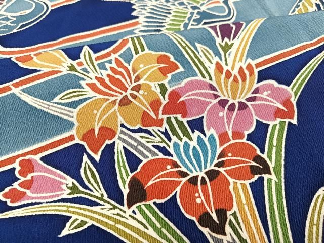 平和屋着物○豪華振袖 型染め 群鶴風景草花文 小田急百貨店扱い