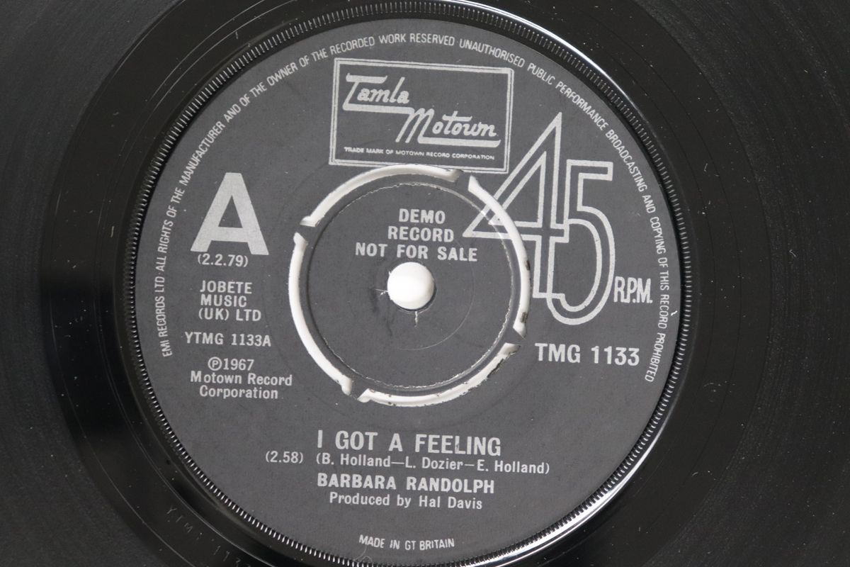 英7” Barbara Randolph I Got A Feeling / Can I Get A Witness / You Got Me  TMG1133PROMO TAMLA MOTOWN プロモ /00080 英7” Barbara Randolph I Got A Feeling / Can I Get A Witness