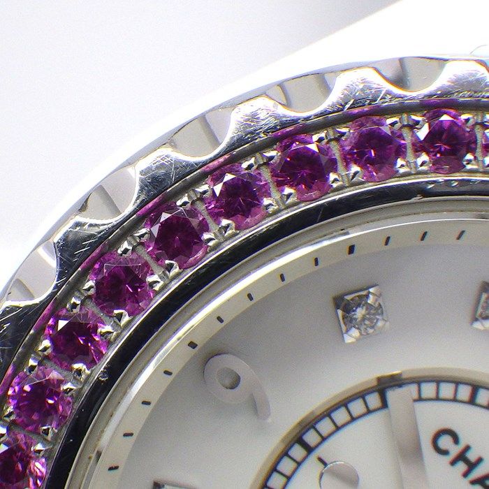 シャネル CHANEL 腕時計 J12 H3243 ピンクサファイアベゼル 8ポイント ダイヤインデックス ホワイトシェル文字盤 ホワイト セラミック 白 SS クオーツアナログ 【中古】 CHANEL - シャネル CHANEL 腕時計 J12 H3243 ピンクサファイア ベゼル