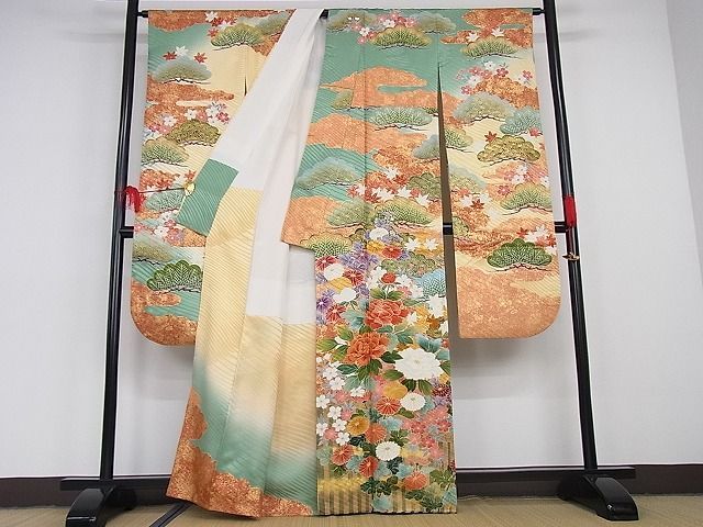 平和屋-こころ店■極上　振袖　駒刺繍　松花文　金彩　着丈163cm　裄丈65cm　正絹　逸品　3kk2617