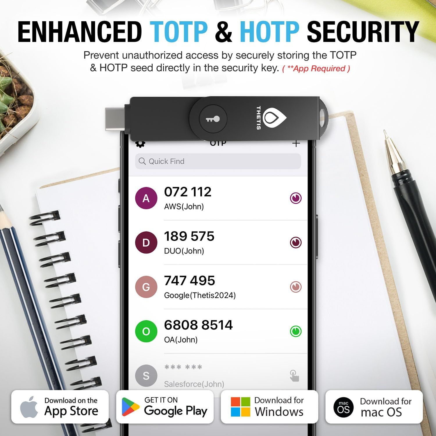 Thetis Pro-C FIDO2 セキュリティキーは、USB CまたはNFCデバイス経由で接続、FIDO