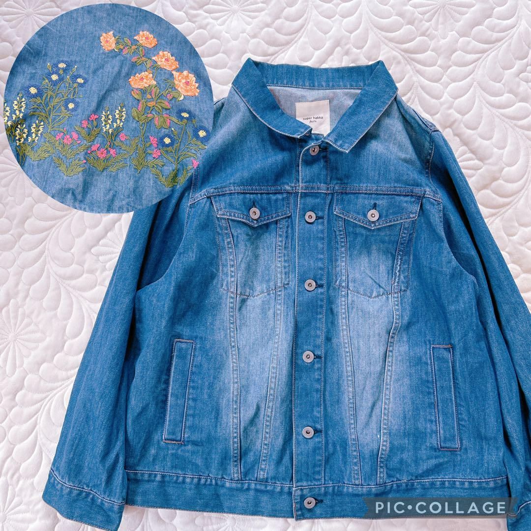 19号 大きいサイズ SUPER HAKKA feuille スーパーハッカフィーユ 花柄刺繍 デニムジャケット ブルー系