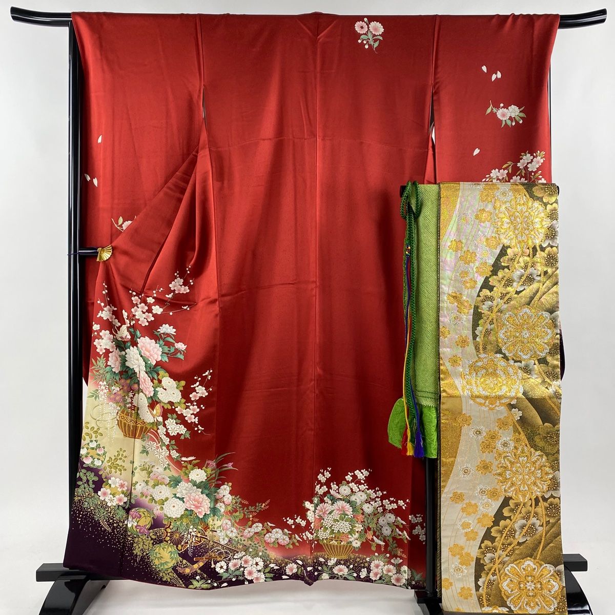 振袖 身丈162.5cm 裄丈68cm L 袷 袋帯フルセット 花籠 花車 金彩 染分け 赤茶 正絹 秀品