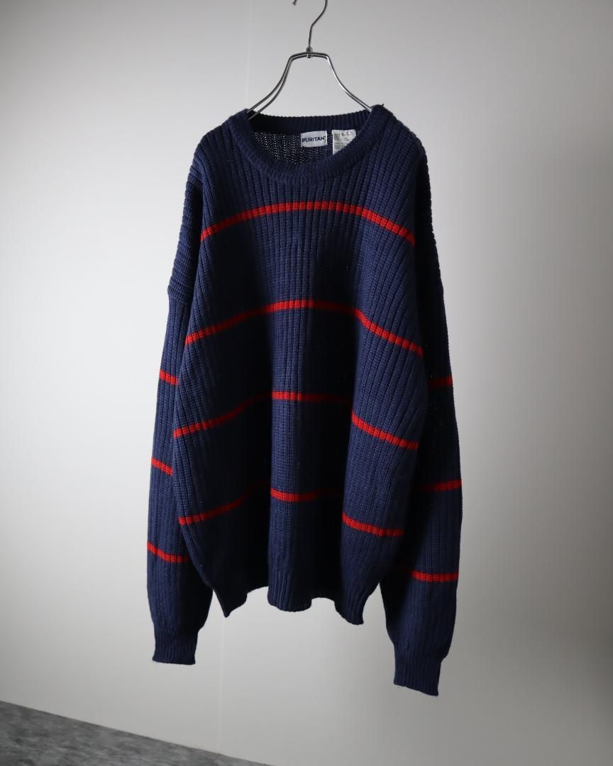 vintage】リブ編み ボーダー ルーズ ニット セーター 濃紺 赤 XL 