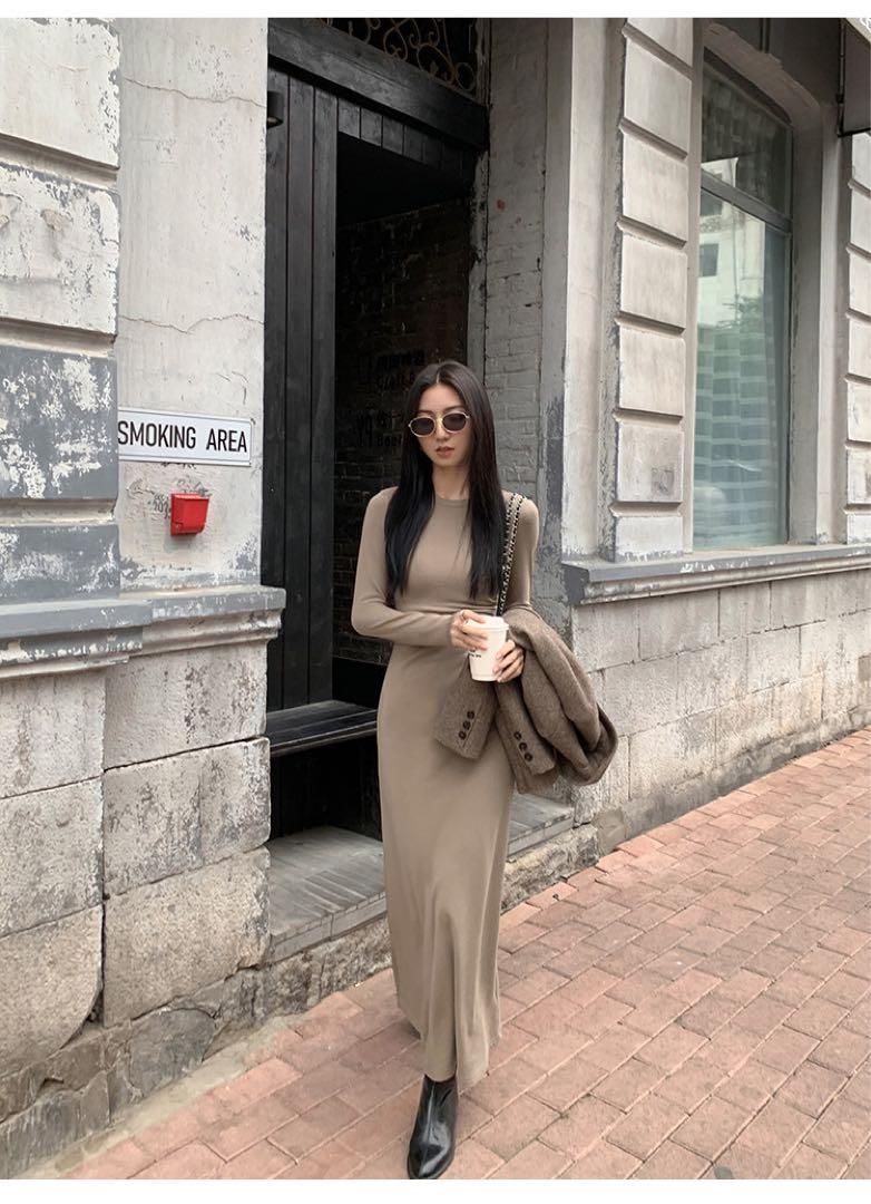 上品 春の高見えニットロングワンピース