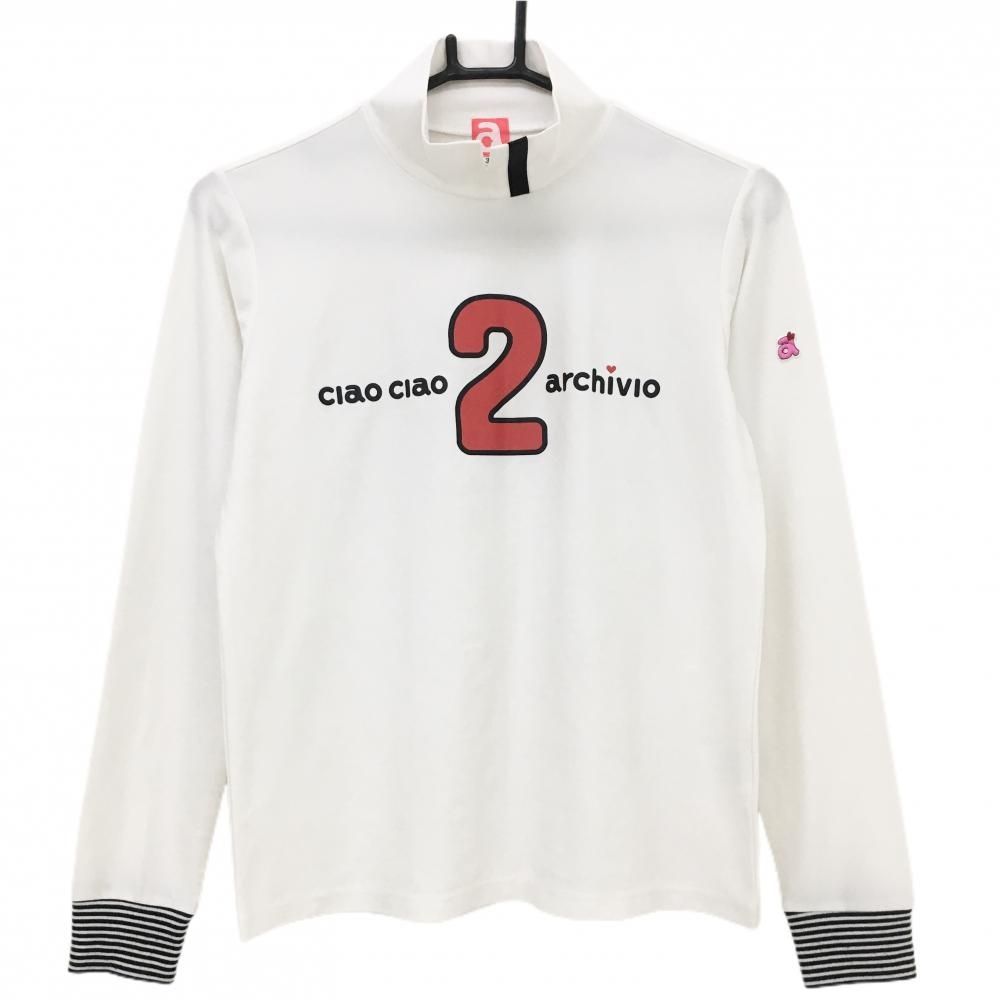 美品】アルチビオ 長袖ハイネックシャツ 白×レッド 袖口ボーダー