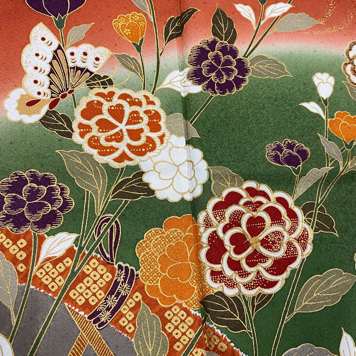 【振袖】 ちりめん 鳥 草花模様 金彩 着物 単衣 小振袖 身丈約158.5cm 振袖 身丈159cm 裄丈67cm M 袷 翠山工房 落款あり 辻が花 金通し