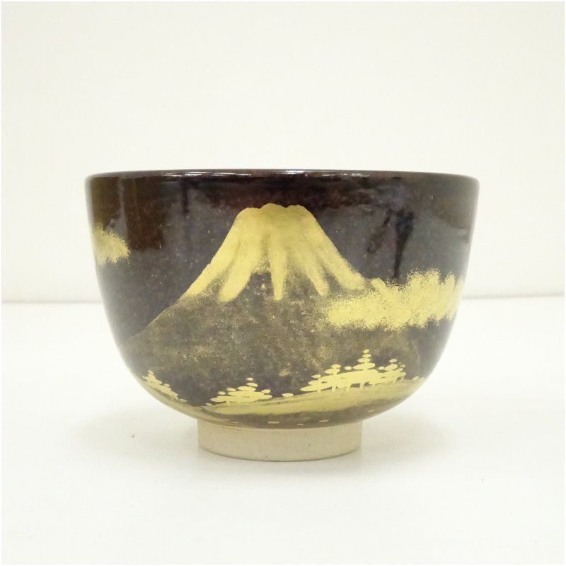 膳所焼 岩崎新定造 黒地金彩富士ノ絵茶碗（堀内家十二代 宗完 兼