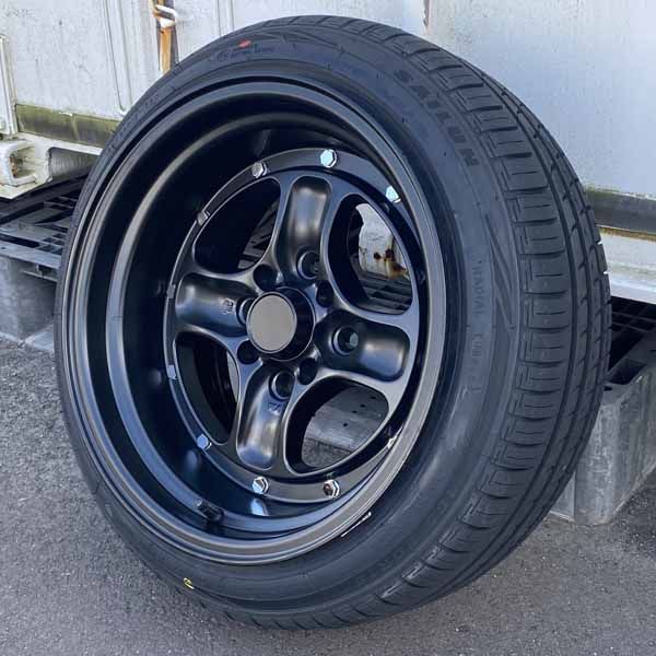 15インチ 8J ±0 PCD 100 114.3 4穴 タイヤホイール4本セット 165 50R15 165 55R15 軽 軽トラ 軽バン ローダウン車 旧車 深リム マットブラック メッキビス