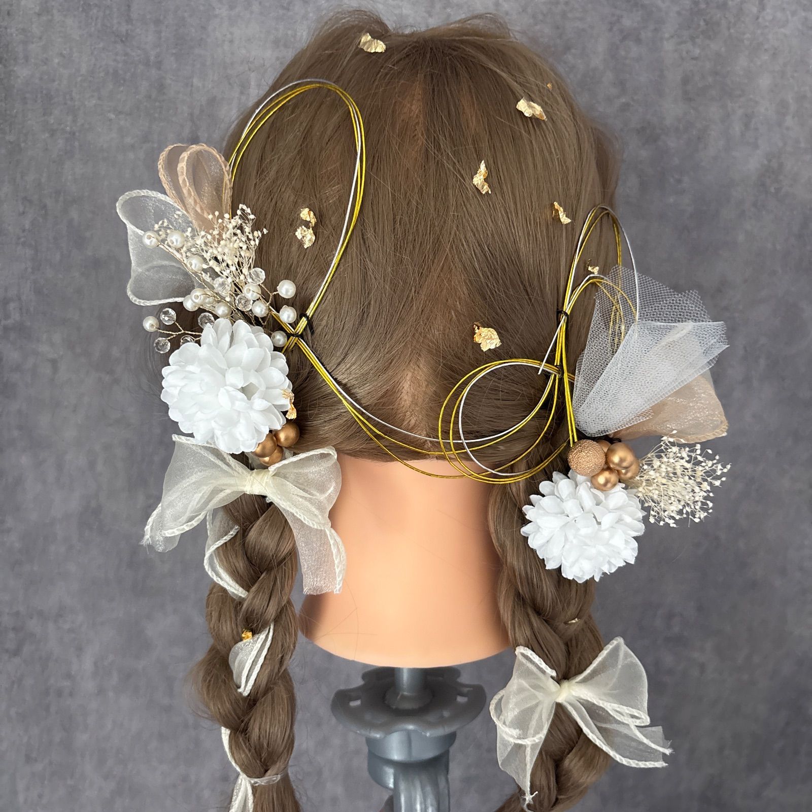 金箔付】成人式 髪飾り リボン ゴールド ホワイト編みおろし 結婚式