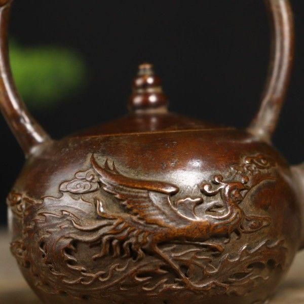 細工銅製 純銅浮き彫り龍鳳急須 置物細工6