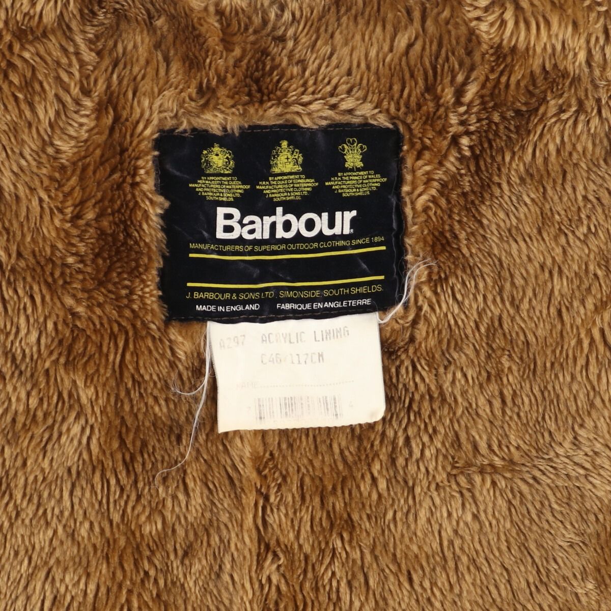 90年代 バブアー Barbour A297 ACRYLIC LINING 旧3ワラント パイル