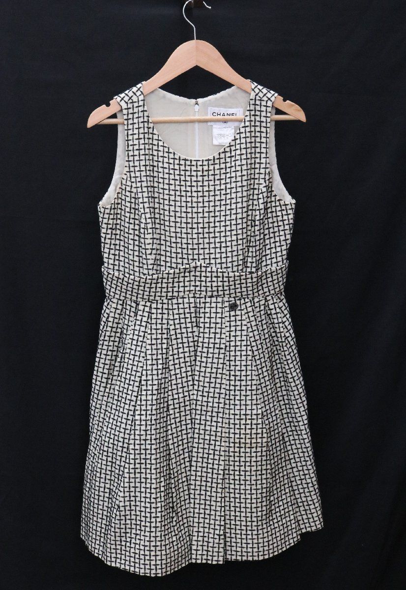 CHANEL シャネル P37 ノースリーブ ワンピース ココマーク チェック柄 プリーツ ミニ丈 サイズ36 M コットン シルク 混