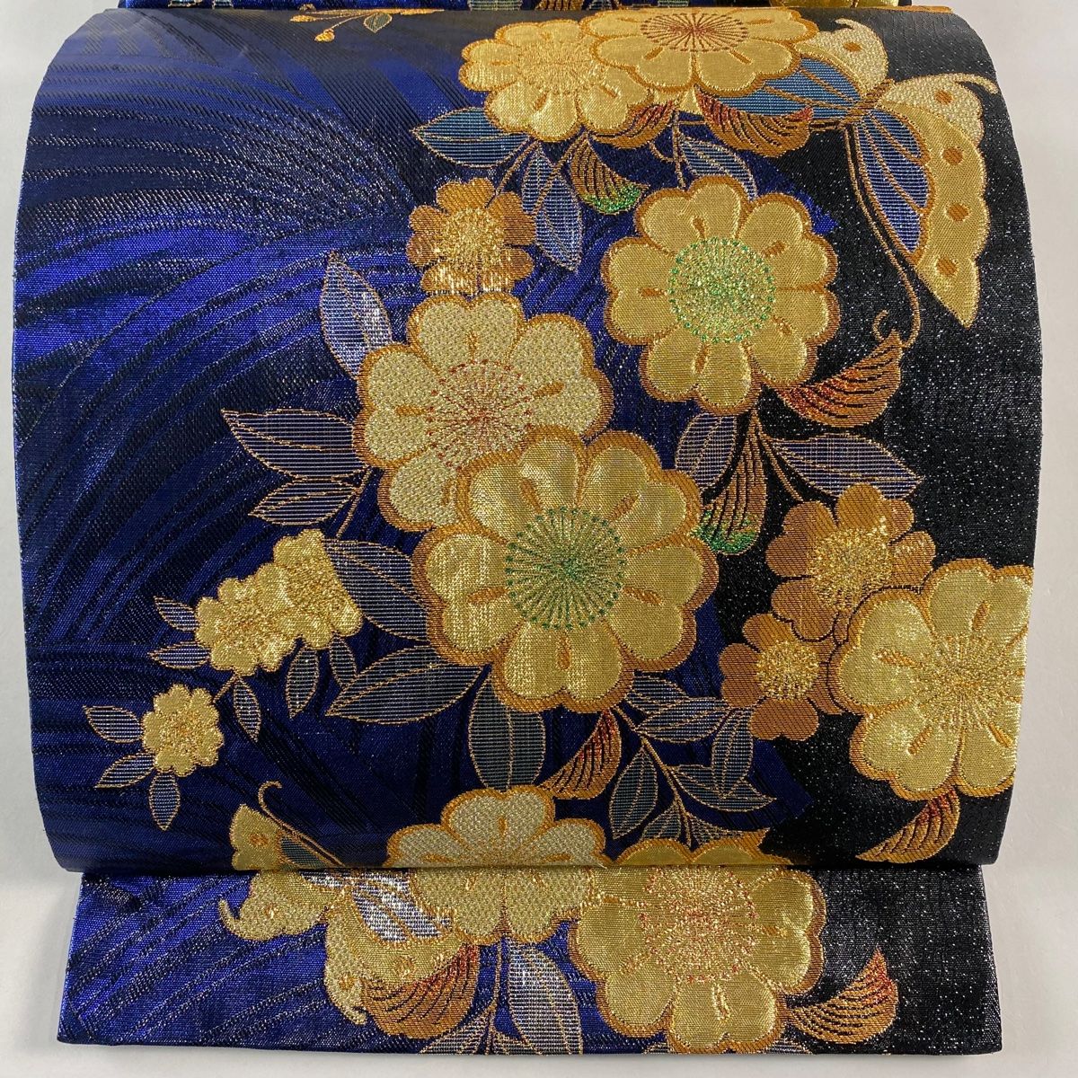 袋帯 秀品 振袖向き 桜 蝶 金銀糸 箔 青 六通 正絹