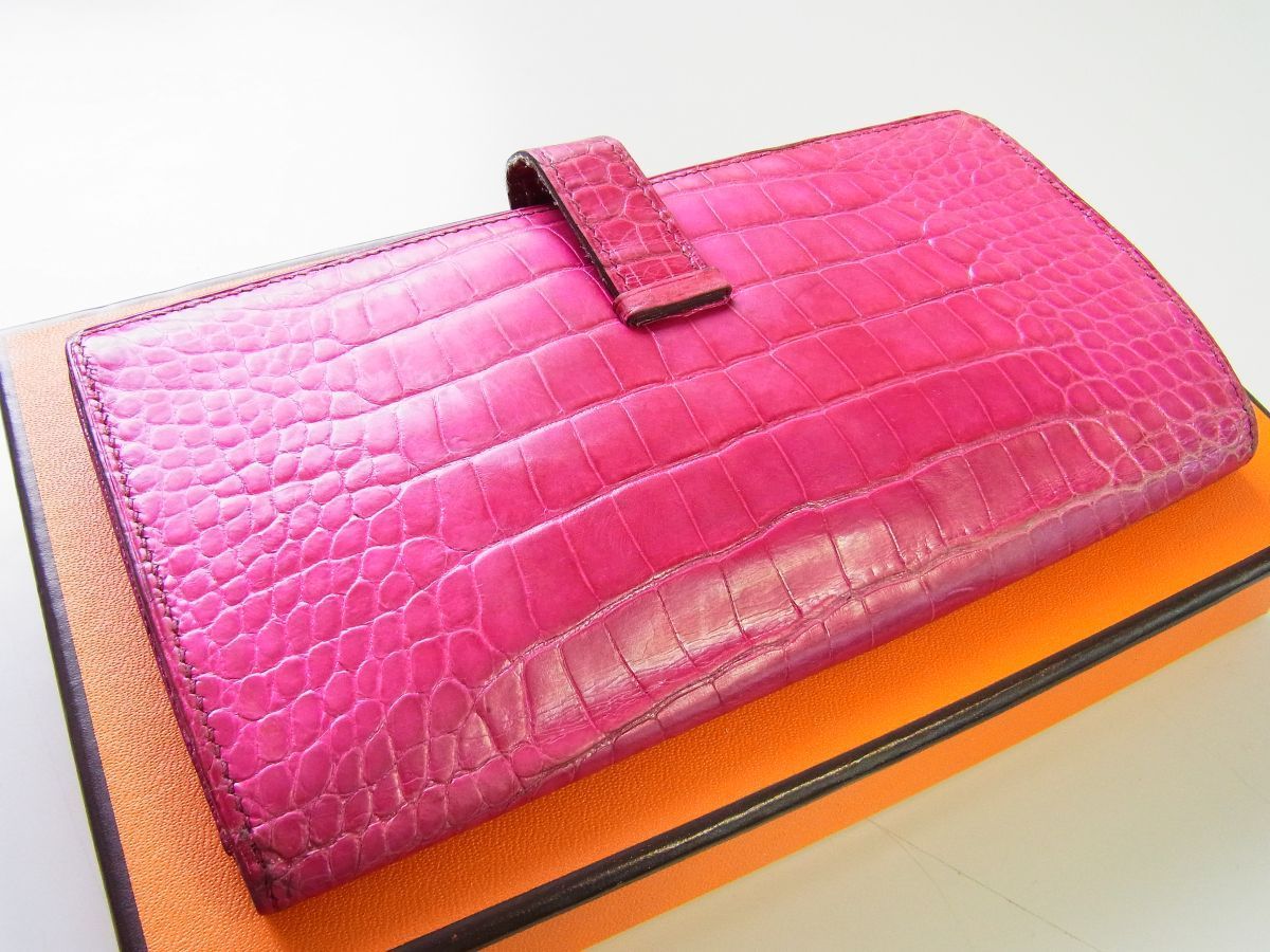 美品☆HERMES エルメス☆長財布 ベアン アリゲーター ピンク