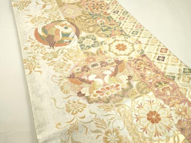 袋帯 美しい織出し 扇に花模様 六通 正絹 着物 RO-2760 平和屋着物▽六通柄袋帯 唐織 向かい鳥吉祥花文 金銀糸 正絹
