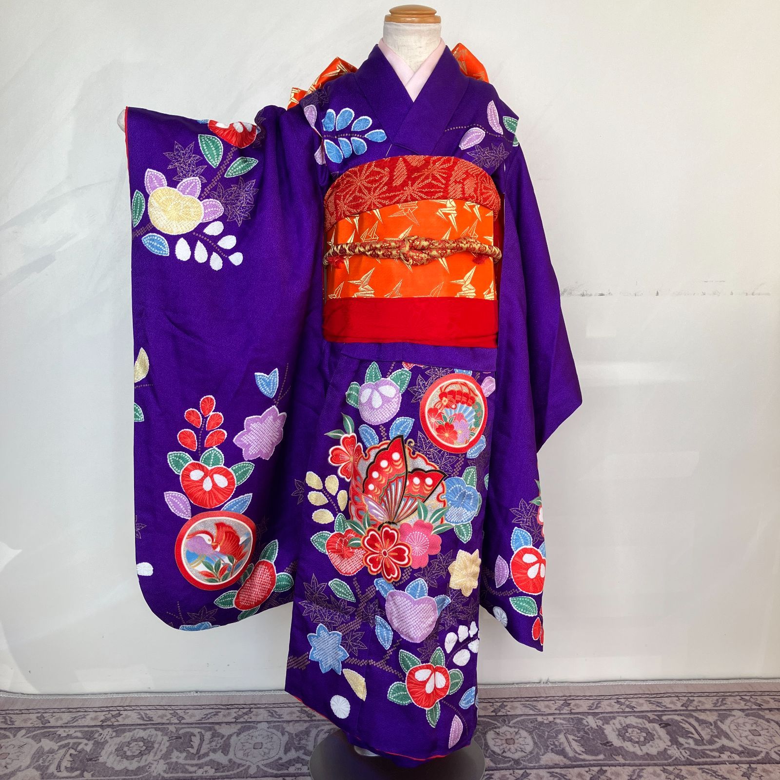 七五三 7歳女の子 着物 四つ身 紫 長襦袢 作り帯セット 帯揚げ帯締めしごき付き ビンテージ きもの猫田 T318