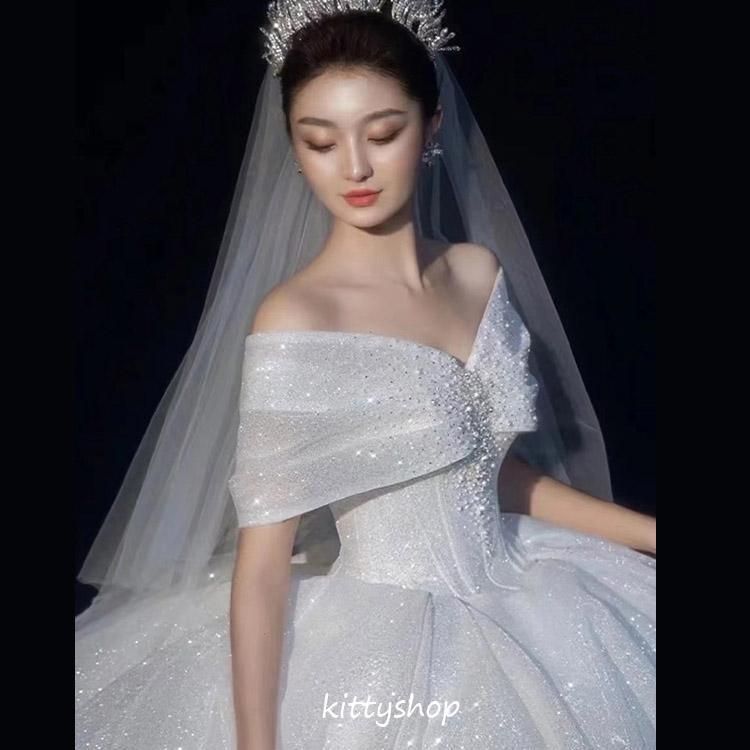 ● ウェディングドレス 二次会ドレス オフショルダー サテン ロングドレス 花嫁ドレス 白 トレーンドレス 海外挙式 ホワイト ボートーネック