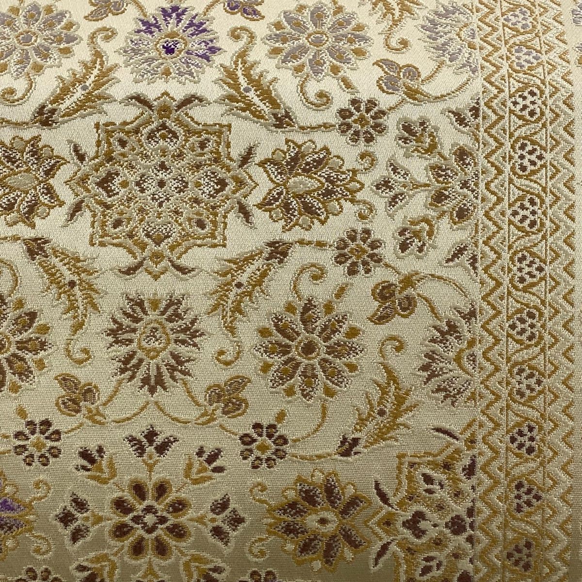 袋帯 箔屋清兵衛 落款 西陣織 花唐草 幾何学模様 ベージュ 六通 正絹