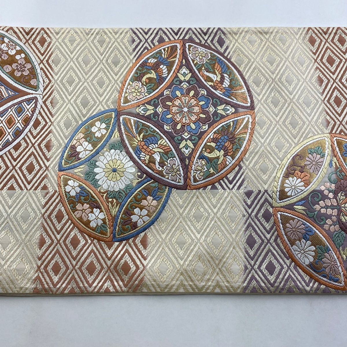 帯4575 ●高級 正絹 六通 袋帯 花菱 七宝 帯4575 ○高級 正絹 六通 袋帯 花菱 七宝 袋帯 美品 秀品 花