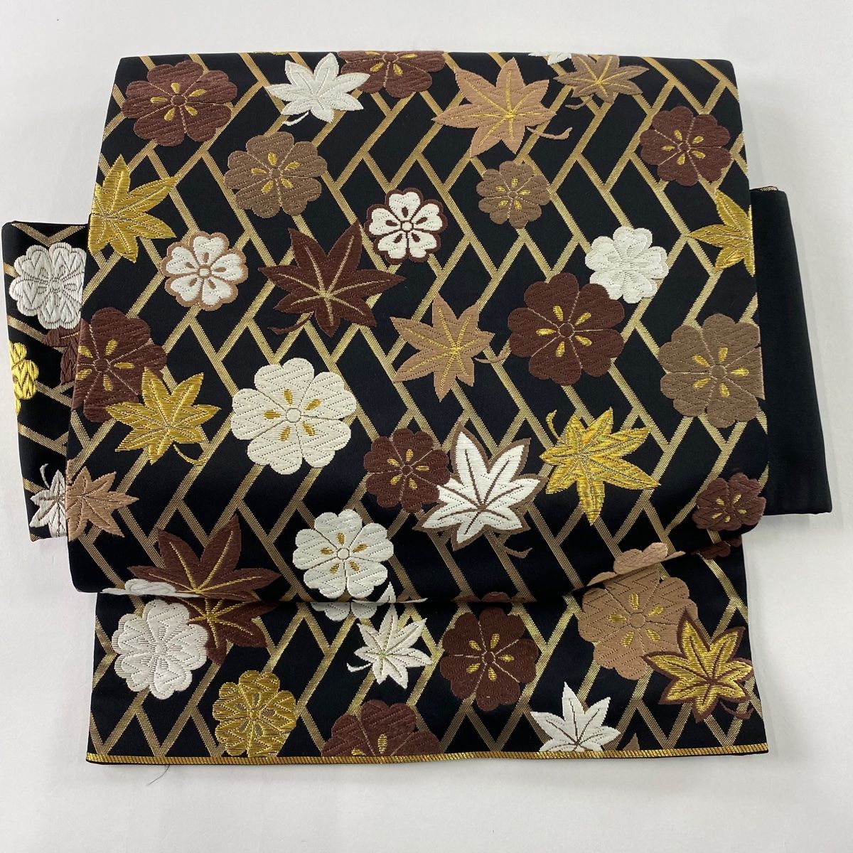 付け帯 名品 落款 作り帯 河合美術織物 桜 楓 唐織 箔 黒 正絹