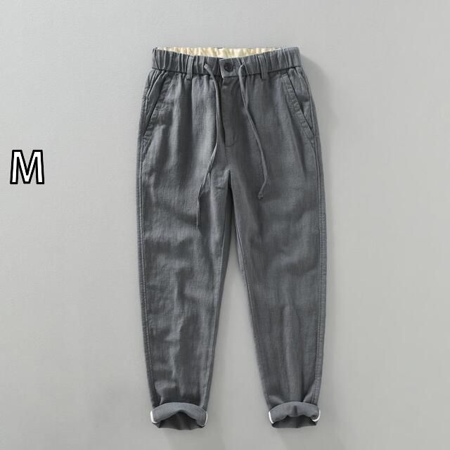 M メンズ ファッション 服 男性用 オシャレ シンプル 大人 かっこいい 大きいサイズ ストリート 紳士服 ドローストリング ストレート リネン パンツ 夏 通気性 コットンリネン カジュアル パンツ レトロ ラミー 九分丈 パンツ