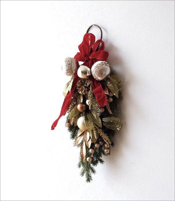 クリスマス スワッグ 玄関 60cm クリスマスリース リボン フェイク 木の実 もみの木 壁掛け 吊り下げ ゴールドとレッドリボンのスワッグ