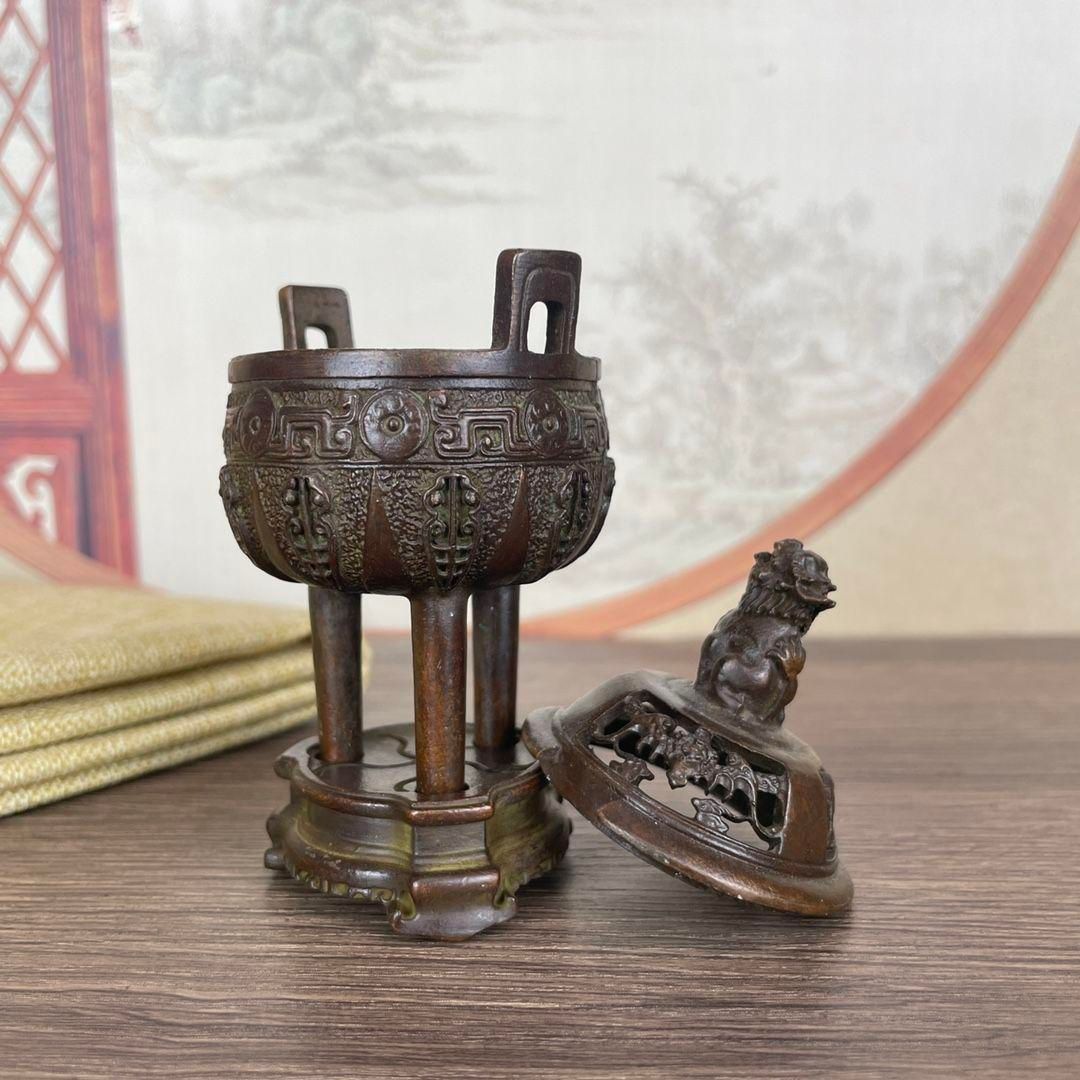 銅器 香炉 双耳三足鼎 瑞獣獅子香炉 薫香炉 茶道 置物 装飾品