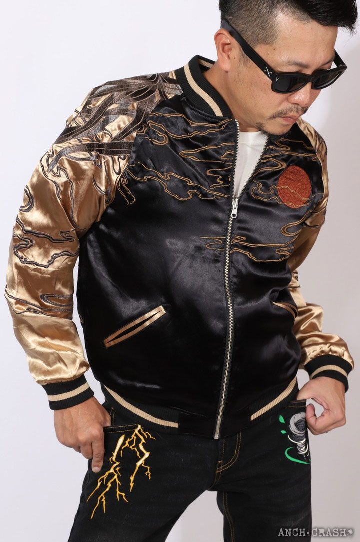 絡繰魂 和柄 リバーシブル 刺繍 スカジャン 伊藤若冲 群鶏図 刺繍