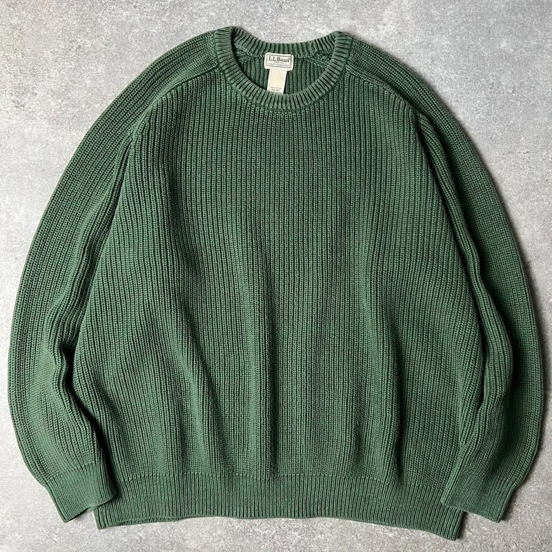 LLBean 無地 コットン ニット セーター XXL / LLビーン エルエルビーン グリーン 緑 リブ編み
