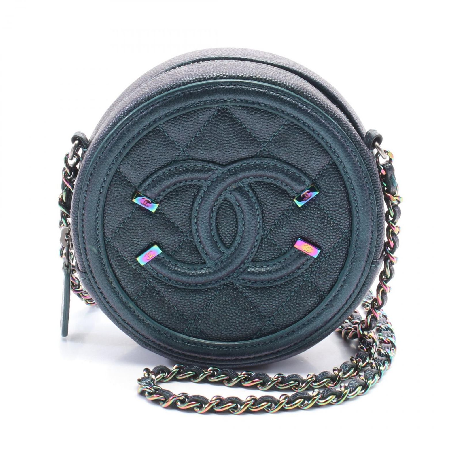 シャネル CHANEL ショルダーバッグ CCフィグリー AP0365 メタリックブルーグリーン レザー マトラッセ ラウンドミニ チェーンショルダー レディース Used A