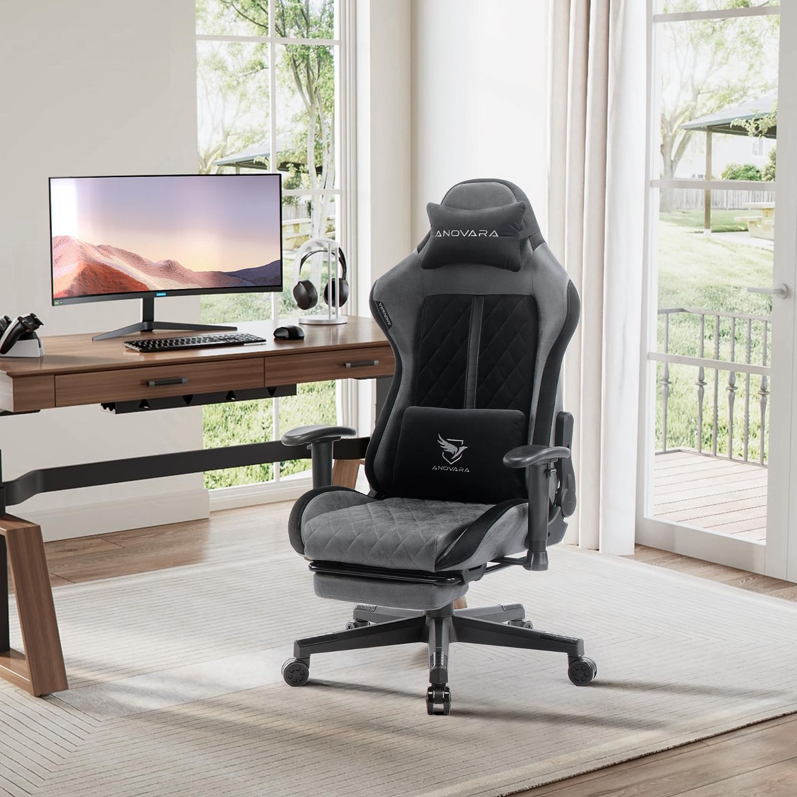 デスクチェア ゲーム用チェア オフィスチェア リクライニング パソコンチェア オットマン付き ゲーミングチェア ハイバック ヘッドレスト ランバーサポート Anovara アノヴァラ 3Dアームレスト 高さ調整機能 グレー