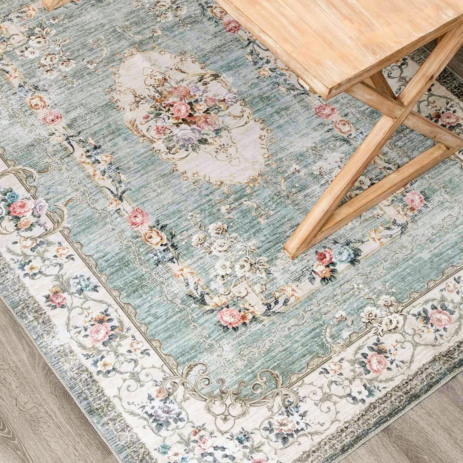 DECOMALL カーペット 3畳 ペルシャ絨毯風 ラグマット 200X250CM 洗える 花柄 オールシーズン 軽量 グリーン 滑り止め 緑 防ダニ 防臭 床暖房対応