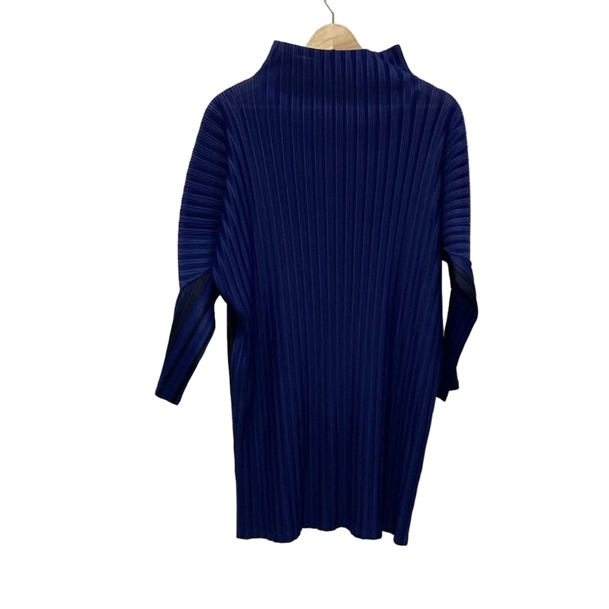 PLEATS PLEASE プリーツプリーズ ワンピース サイズ03 L レディース - ネイビー×黒 長袖 ひざ丈 プリーツ ストライプ