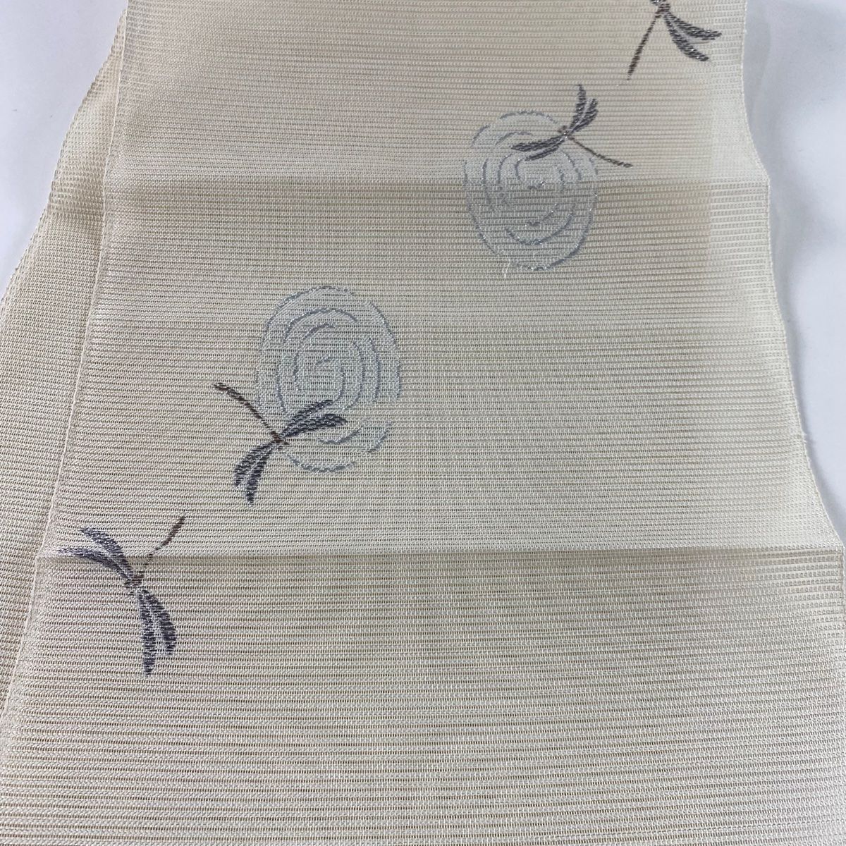 市松にトンボ 夏物 絽 紗 ベージュ 金銀糸 正絹 太鼓柄 名古屋帯 松葉仕立て 9371bdddc2a6049c87f24f266375ca