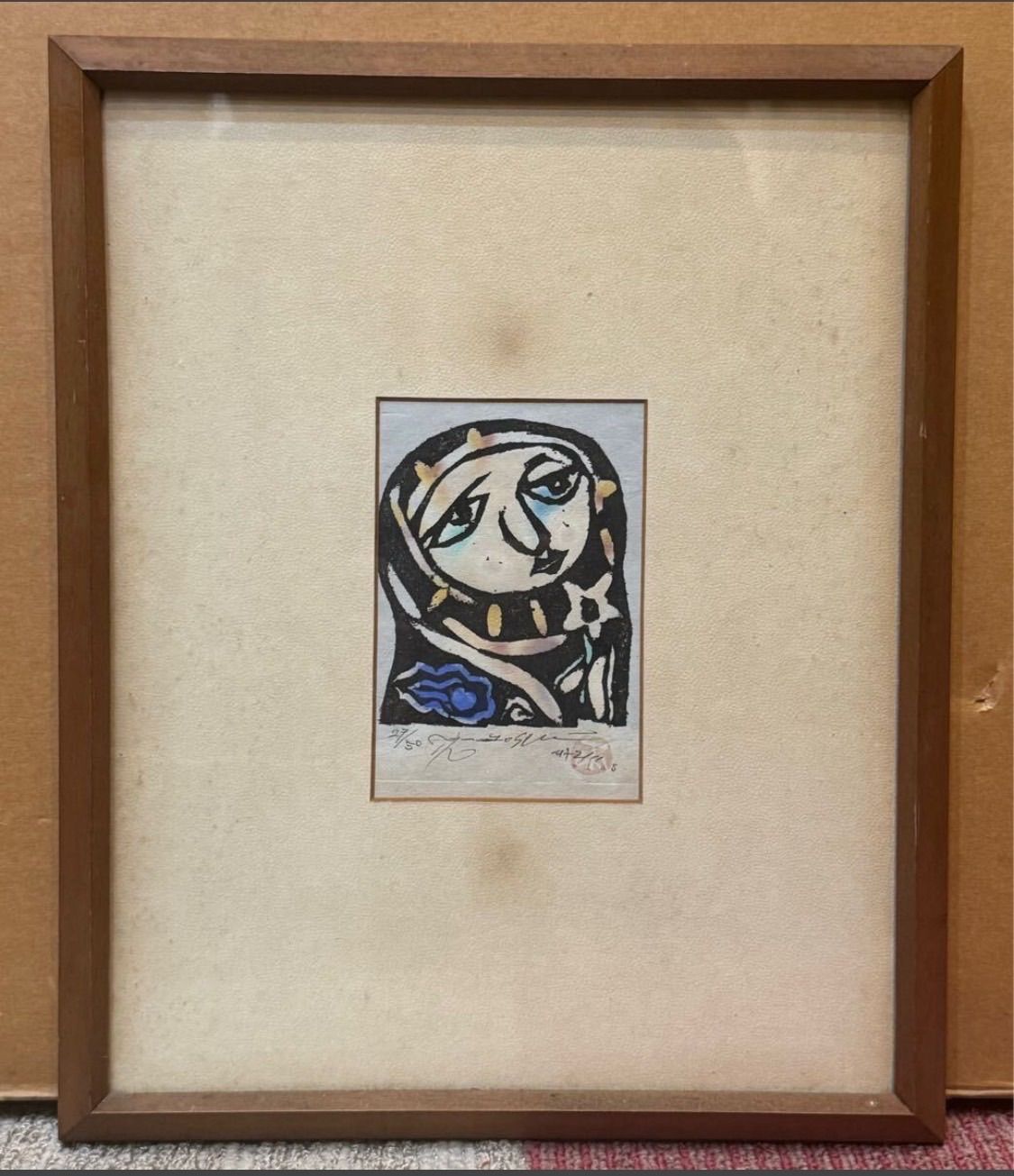 渡辺俊明　作　日本画　元気のでない日げんきですか　墨筆裏書　作者略歴シール 渡辺俊明 作 日本画 元気のでない日げんきですか 墨筆裏書 作者略歴