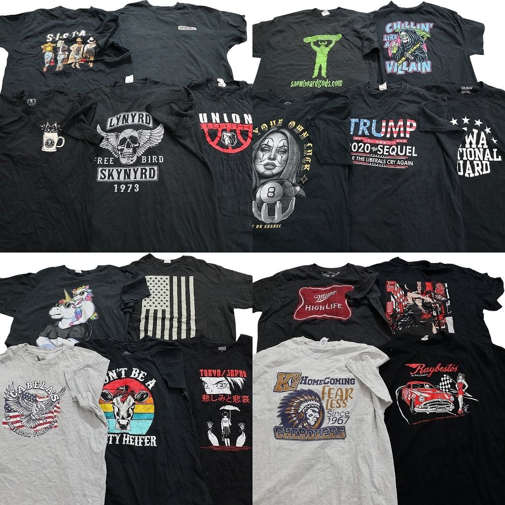 古着卸 黒 グレー ボディ プリント 半袖Tシャツ 19枚セット メンズ XL レーシング アニマル 動物 スカル 古着 NA1932