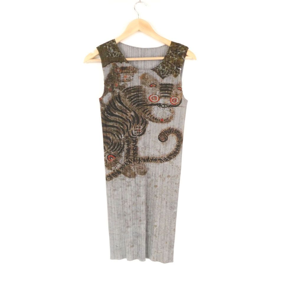 プリーツプリーズ イッセイミヤケ Tiger Cat Korean Fork Art Minwa Dress PP83-JH719 ロング丈ノースリーブブラウス 3 レディース AY6779W1